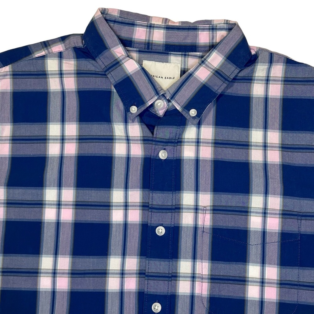 American Eagle Button Up Shirt Adult XL Blue Pink Plaid Short Sleeve